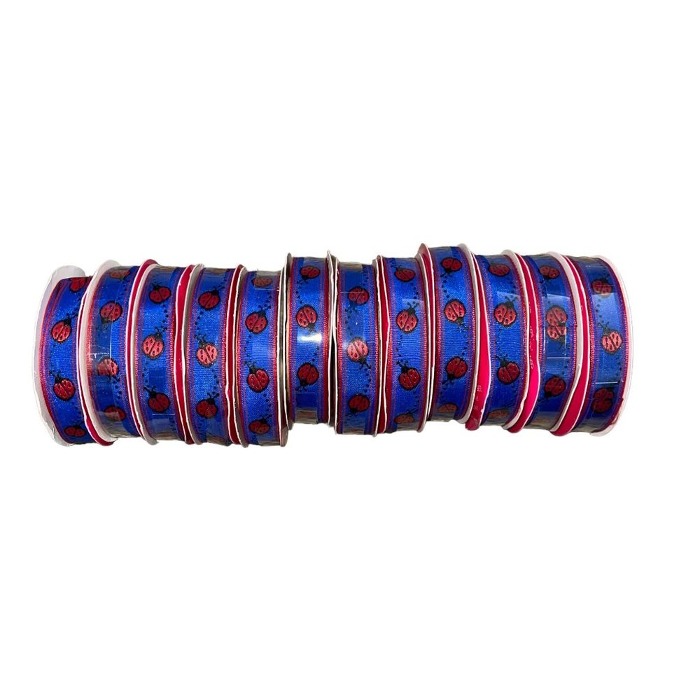 New Jammin Jacquards Ladybug Ribbon Lot 12 Spools 4 Yards 5/8" Red Blue Summer